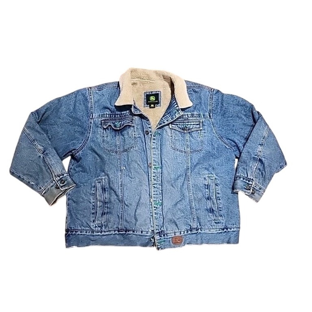 John Deere Vintage Denim Jean Jacket Sherpa Lined Mens XL Trucker Coat